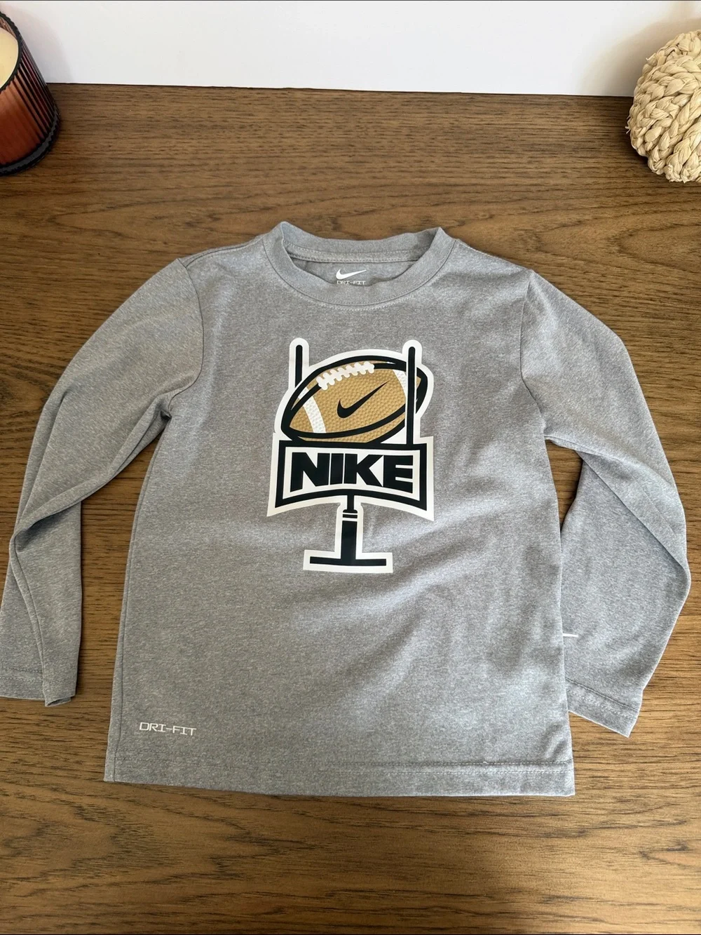 Kids Nike Gray Long Sleeve Tee Dri fit with Football Goalpost Graphic